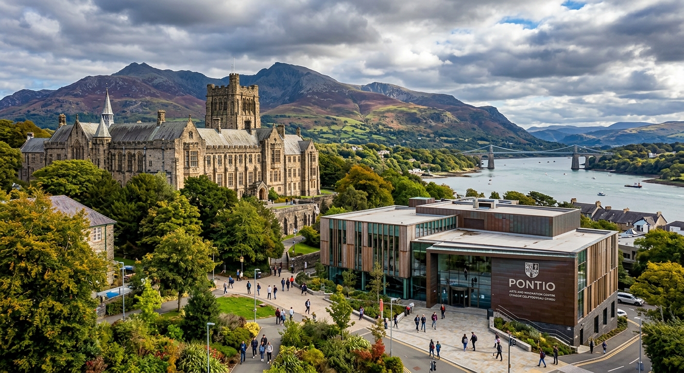 Bangor University campus with historic stone buildings nestled between Snowdonia mountains and the Menai Strait, students walking near the Pontio Arts and Innovation Centre, lush green Welsh landscape under dramatic skies