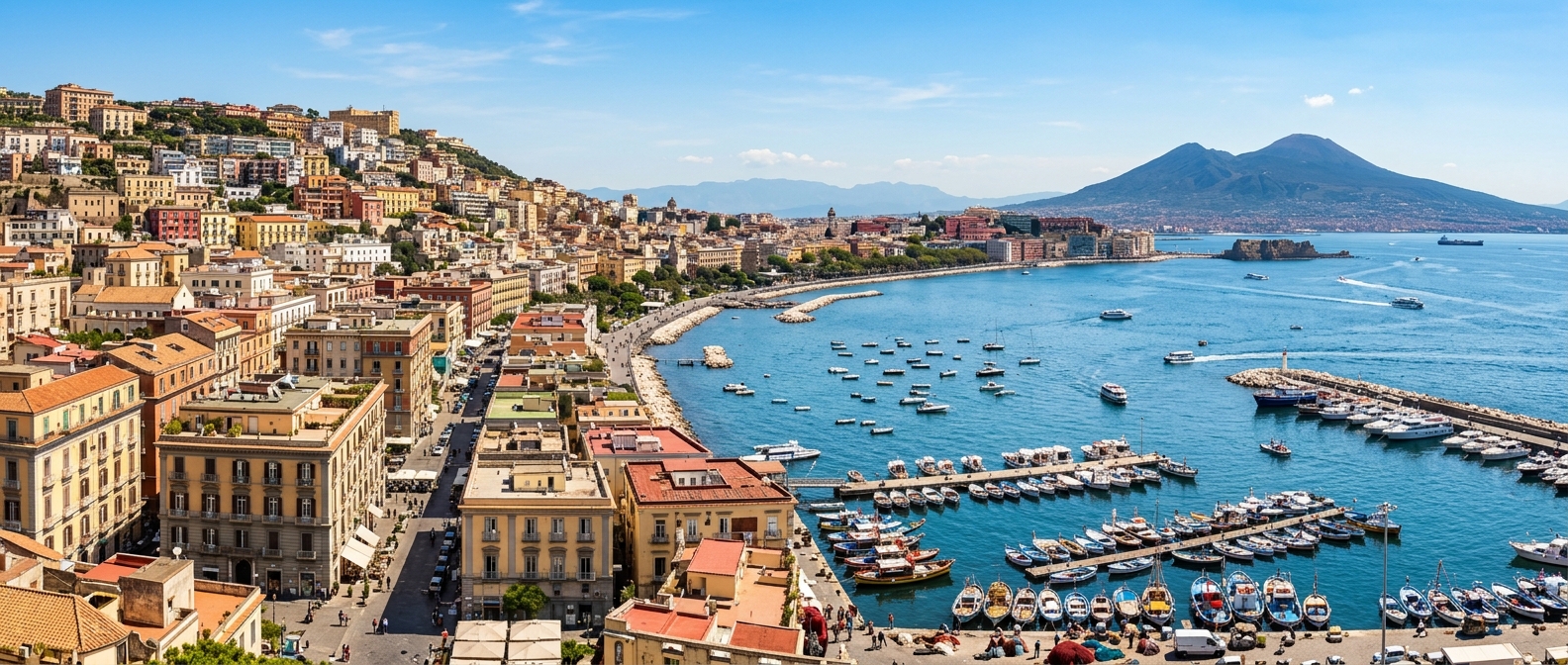 Panoramic view of Naples waterfront with the Bay of Naples, colorful historic buildings cascading down hillsides, Mount Vesuvius rising in the background, fishing boats in the harbor, bright blue sky