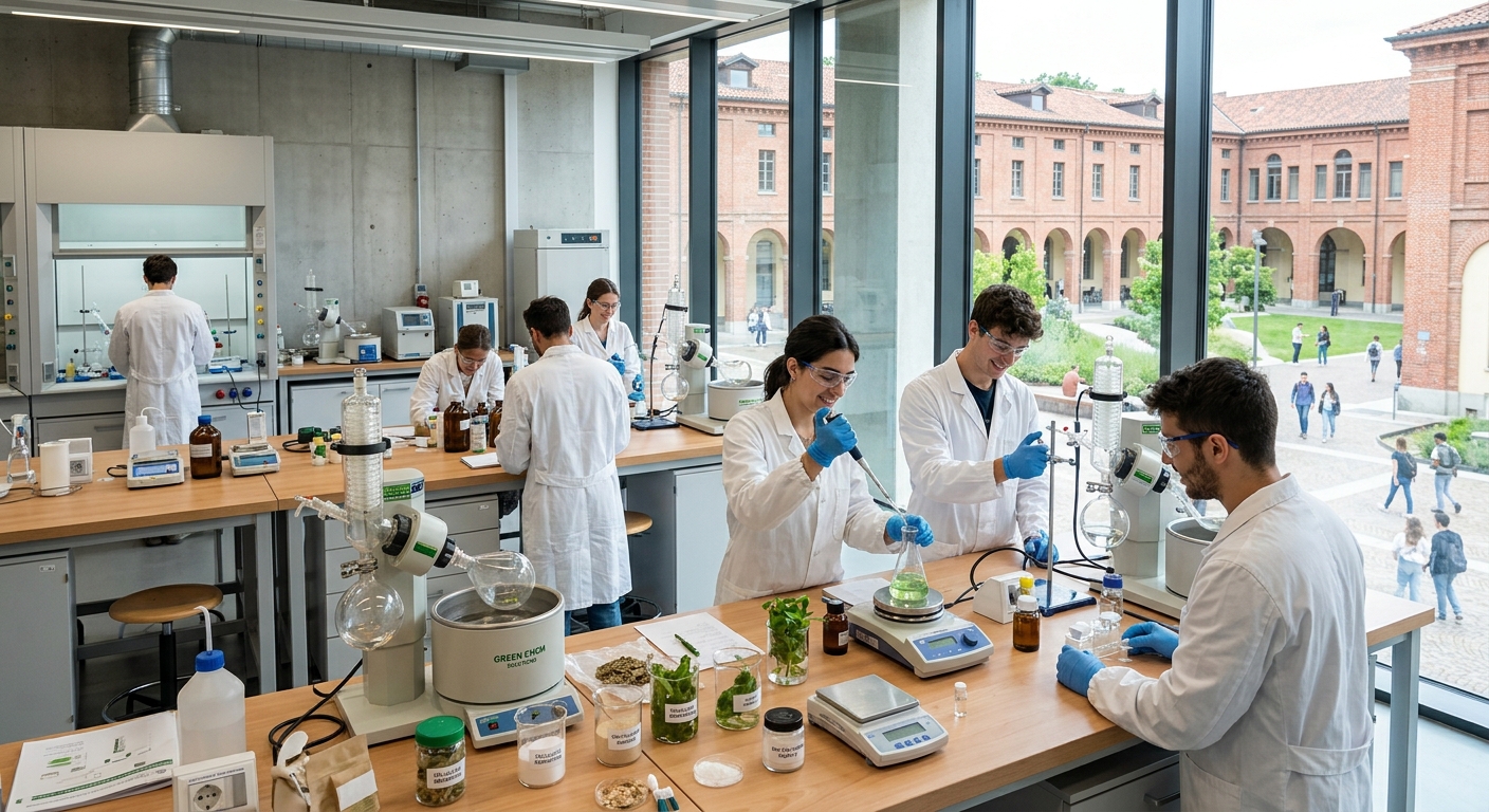 Modern chemistry laboratory at Politecnico di Torino with students conducting sustainable chemistry experiments, green chemistry equipment, bio-based materials on workbenches, large windows overlooking the Turin campus courtyard