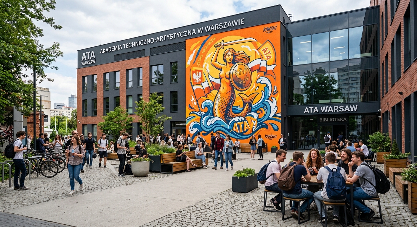 Exterior courtyard of ATA Warsaw university building with orange mural artwork featuring Warsaw Mermaid, students socializing, urban campus setting