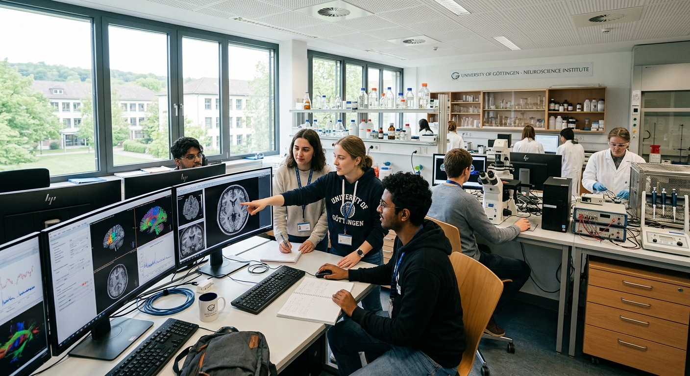 Modern neuroscience research laboratory at University of Göttingen, students examining brain imaging data on screens, microscopes and electrophysiology equipment visible, bright academic setting with natural light