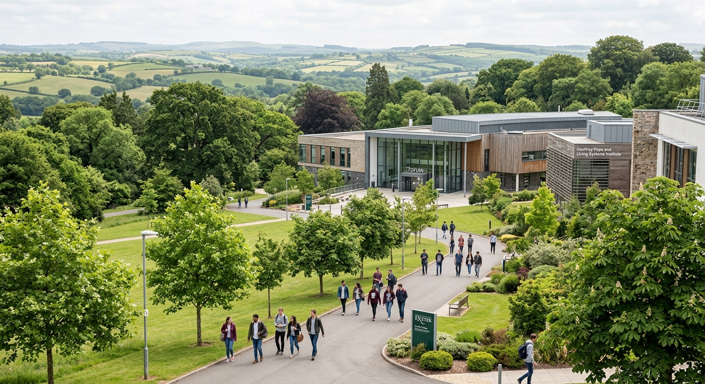 University of Exeter Streatham Campus with modern academic buildings surrounded by lush green parkland, students walking along tree-lined pathways, Devon countryside visible in background, bright overcast sky typical of southwest England