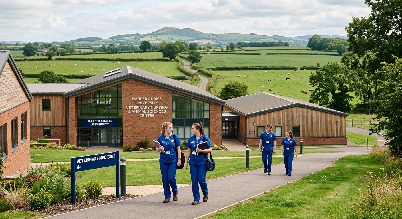 Harper Adams University rural campus in Shropshire, England, featuring modern veterinary nursing teaching facilities surrounded by green farmland, students in scrubs walking between buildings with pastoral countryside in the background