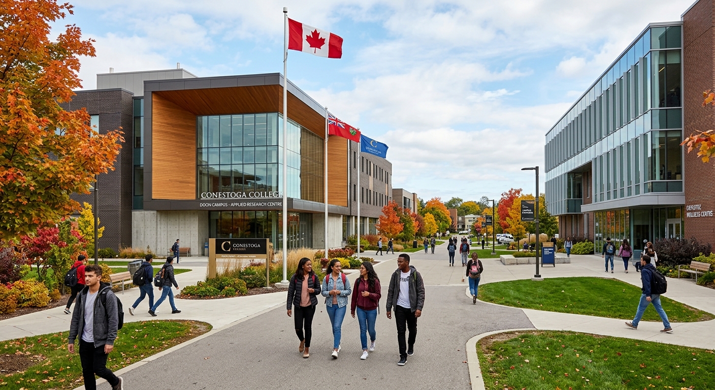 Modern Conestoga College Doon campus building in Kitchener Ontario, students walking on pathways between contemporary educational buildings, Canadian flag visible, autumn trees and green landscaping