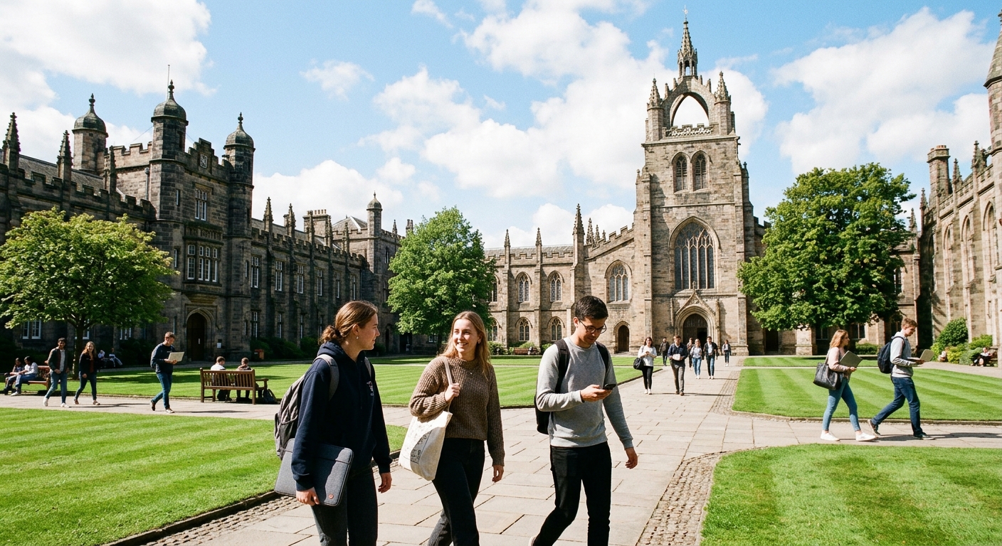 Historic granite campus of the University of Aberdeen with King's College Chapel and Crown Tower in the background, modern computing students walking across the quad on a bright Scottish day, green lawns and medieval architecture
