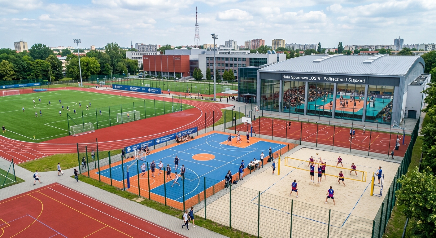 Silesian University of Technology sports complex in Gliwice, outdoor athletic fields, indoor gymnasium, students playing basketball and volleyball