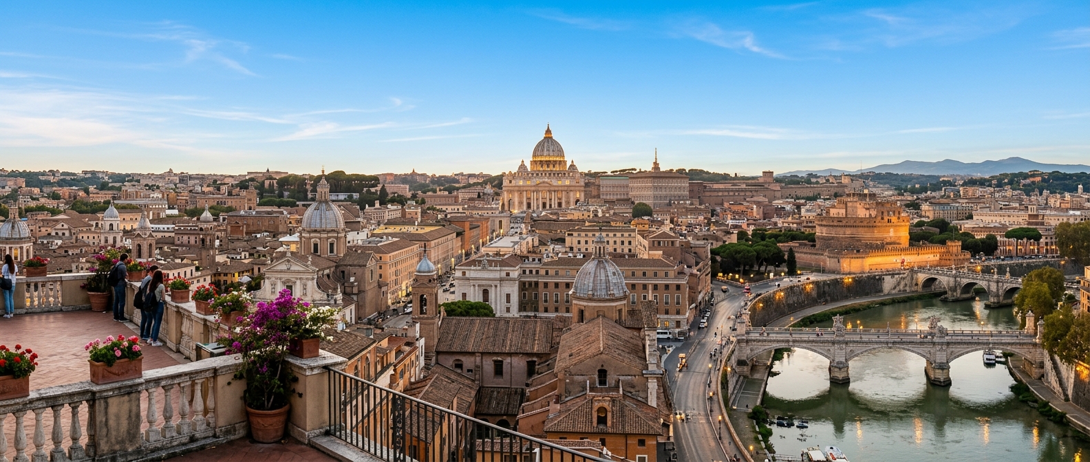 Panoramic view of Rome from LUMSA University area showing St. Peter's Basilica dome, Castel Sant'Angelo, Roman rooftops, clear blue sky, historic cityscape