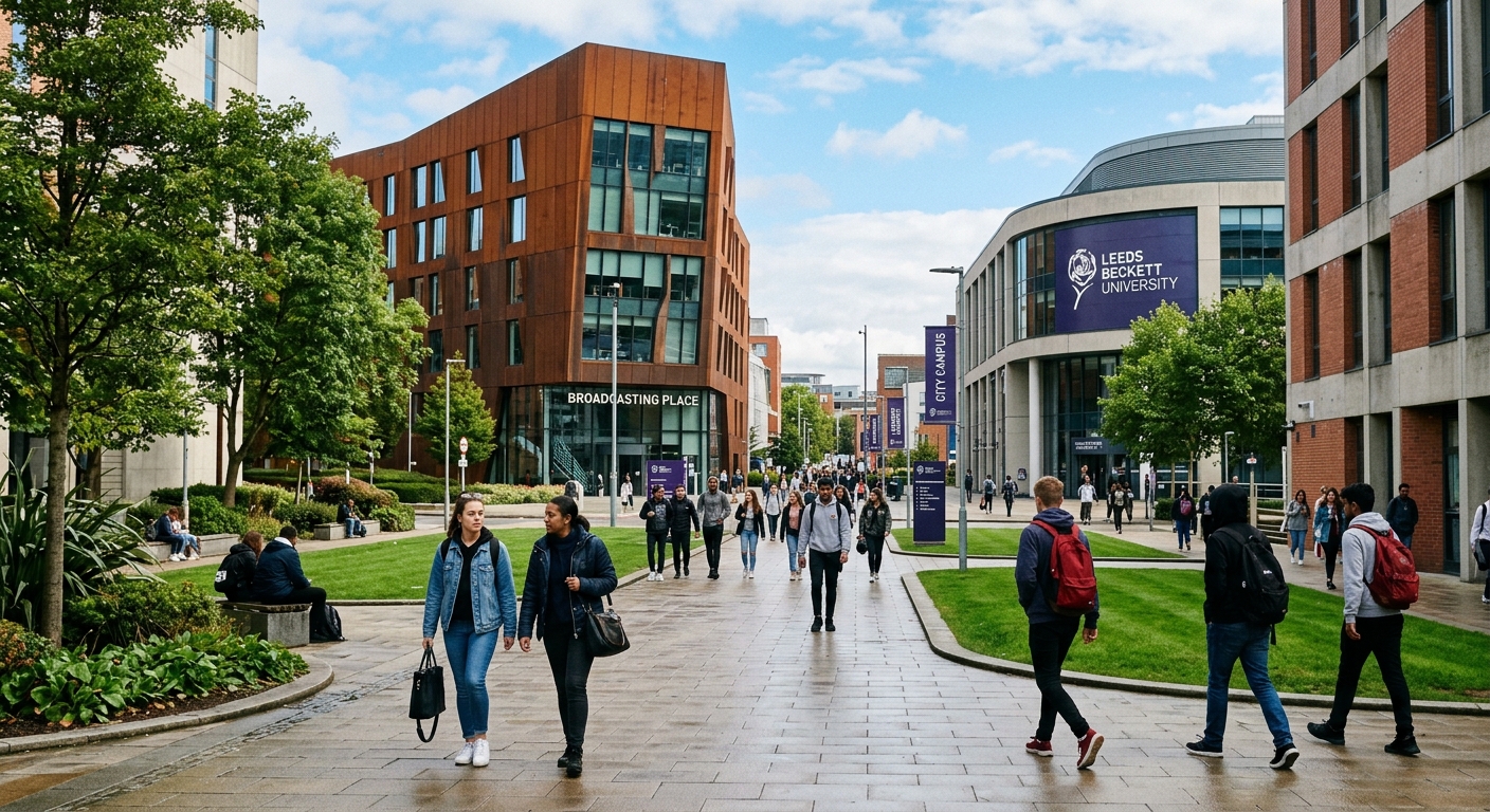 Leeds Beckett University city campus with modern buildings and green spaces, students walking through the urban campus in Leeds, United Kingdom, with Broadcasting Place and Rose Bowl buildings visible