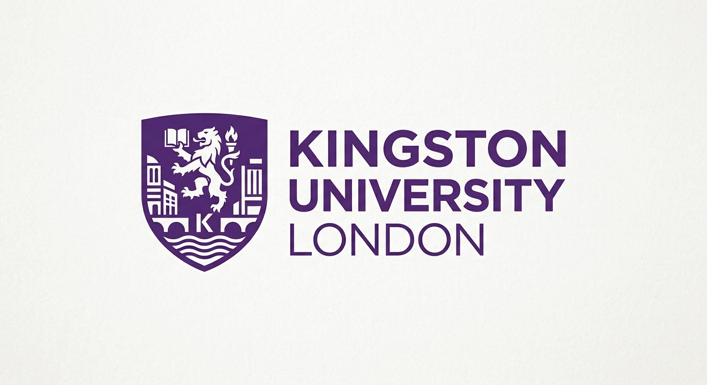 Kingston University London official logo, purple and white color scheme, modern sans-serif typeface with university crest