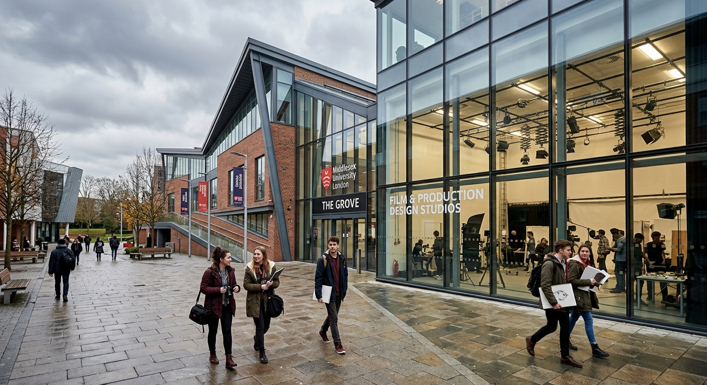 Middlesex University London campus Grove building exterior with modern architecture, creative arts students walking through the courtyard, film and production design studios visible through glass facades, overcast London sky