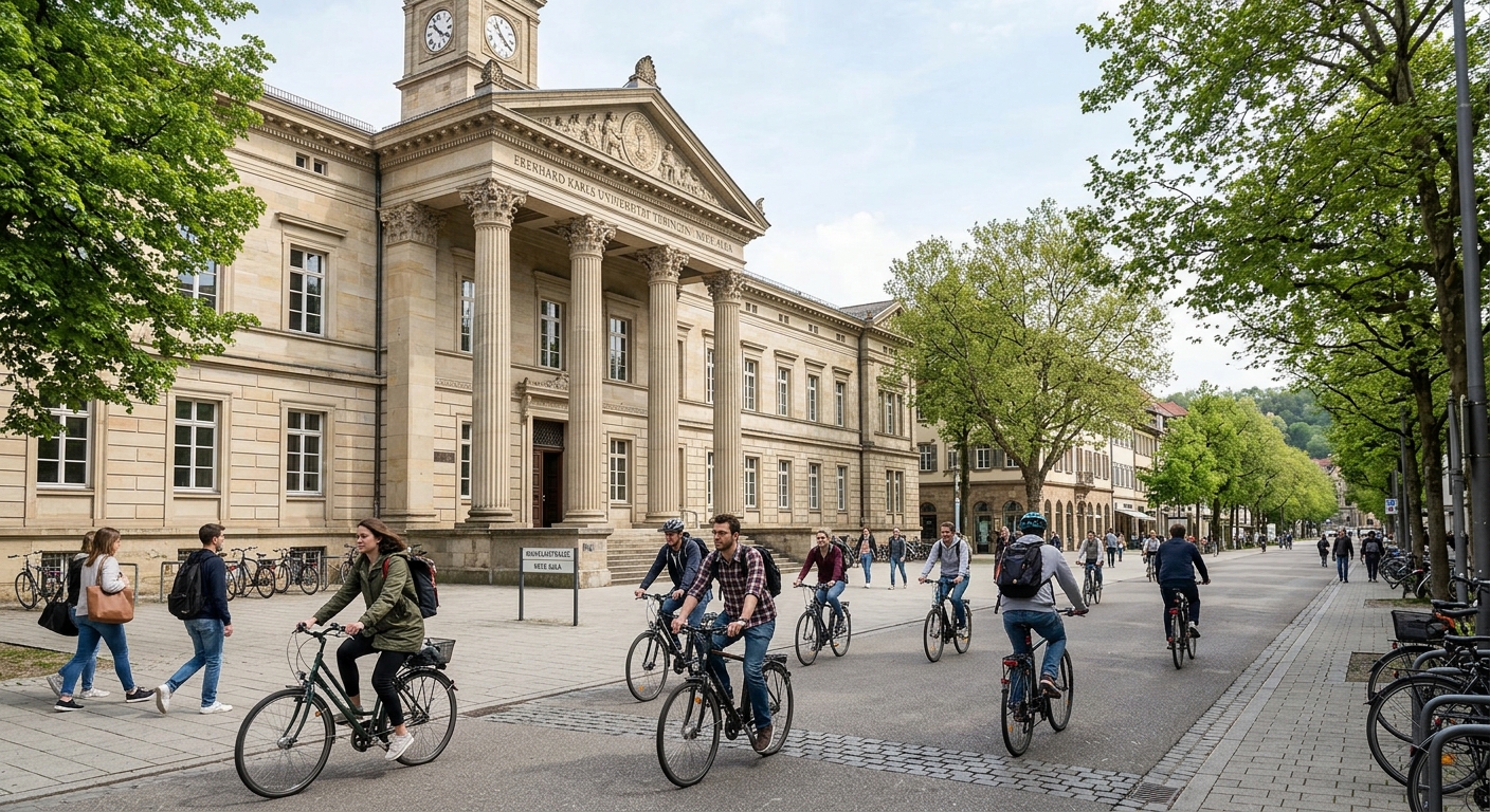 Neue Aula main building of the University of Tübingen on Wilhelmstrasse, neoclassical facade with columns, tree-lined street, students on bicycles