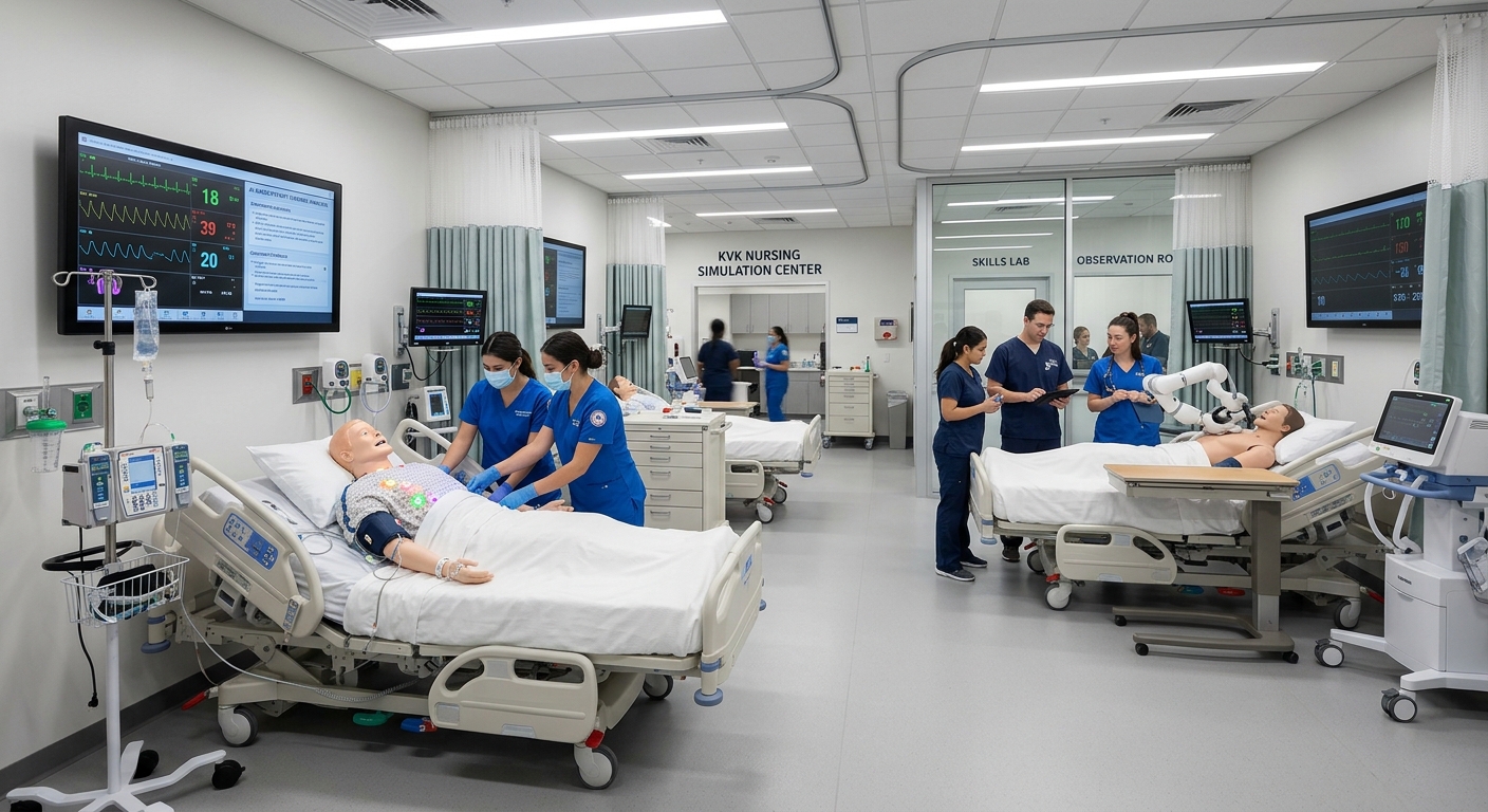 KVK Nursing Simulation Center interior, modern medical training equipment, mannequins for practice, bright clinical environment with AI-based technology