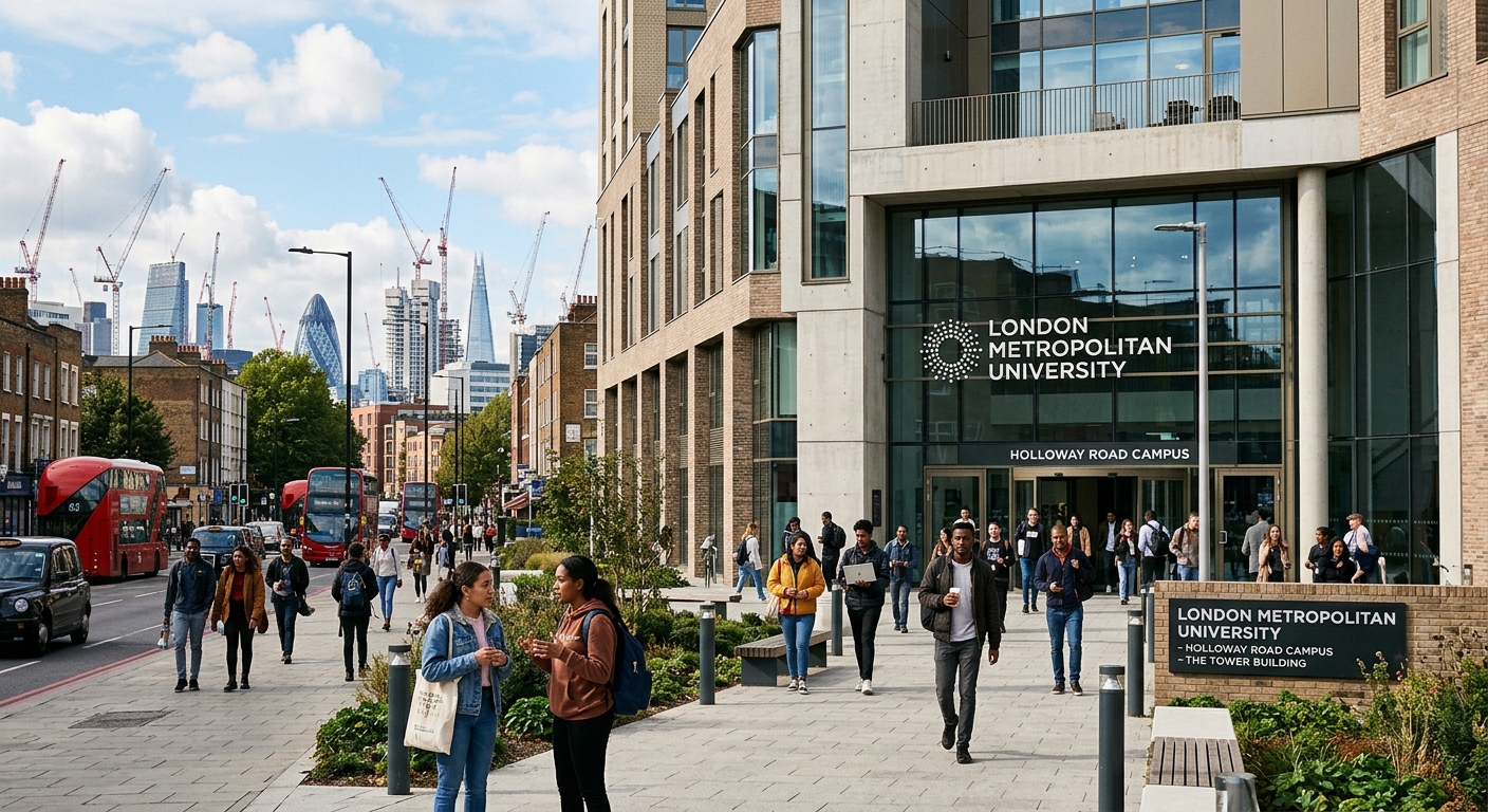 Modern university campus building at London Metropolitan University Holloway Road, students walking near the entrance, London cityscape in the background, construction cranes visible on the skyline, professional academic environment