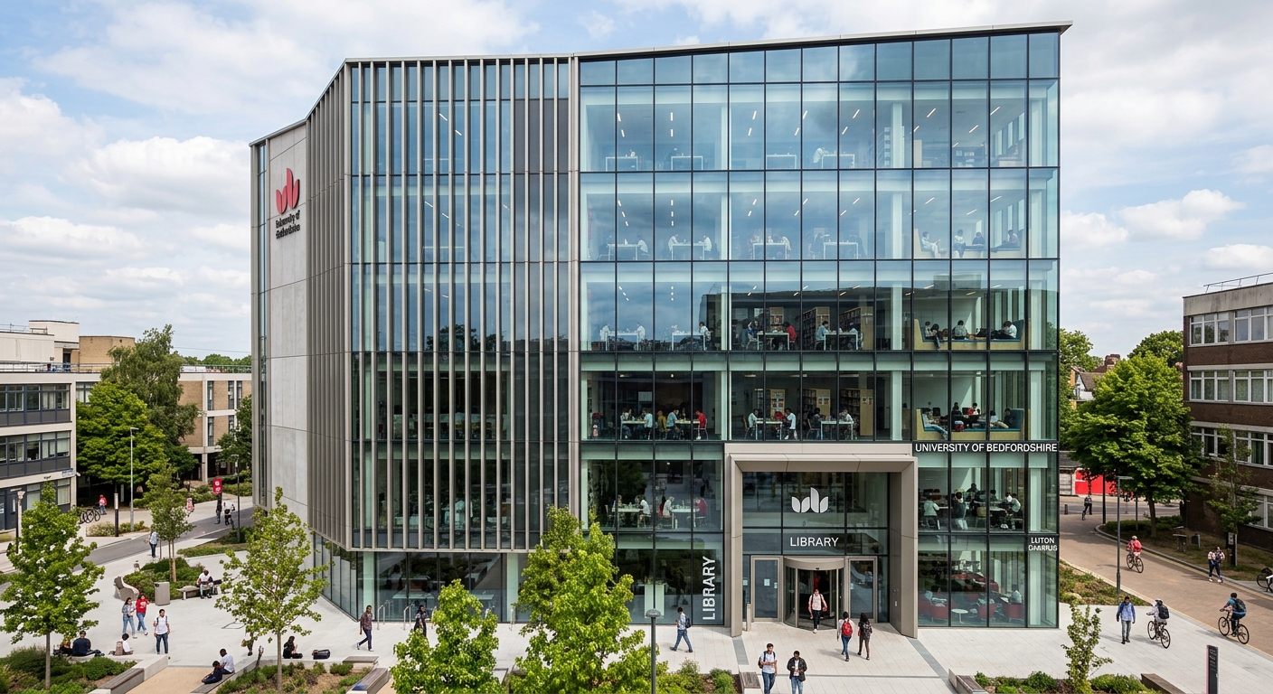 University of Bedfordshire Luton campus, modern seven-storey glass library building, students studying inside, contemporary architecture with large windows, daytime