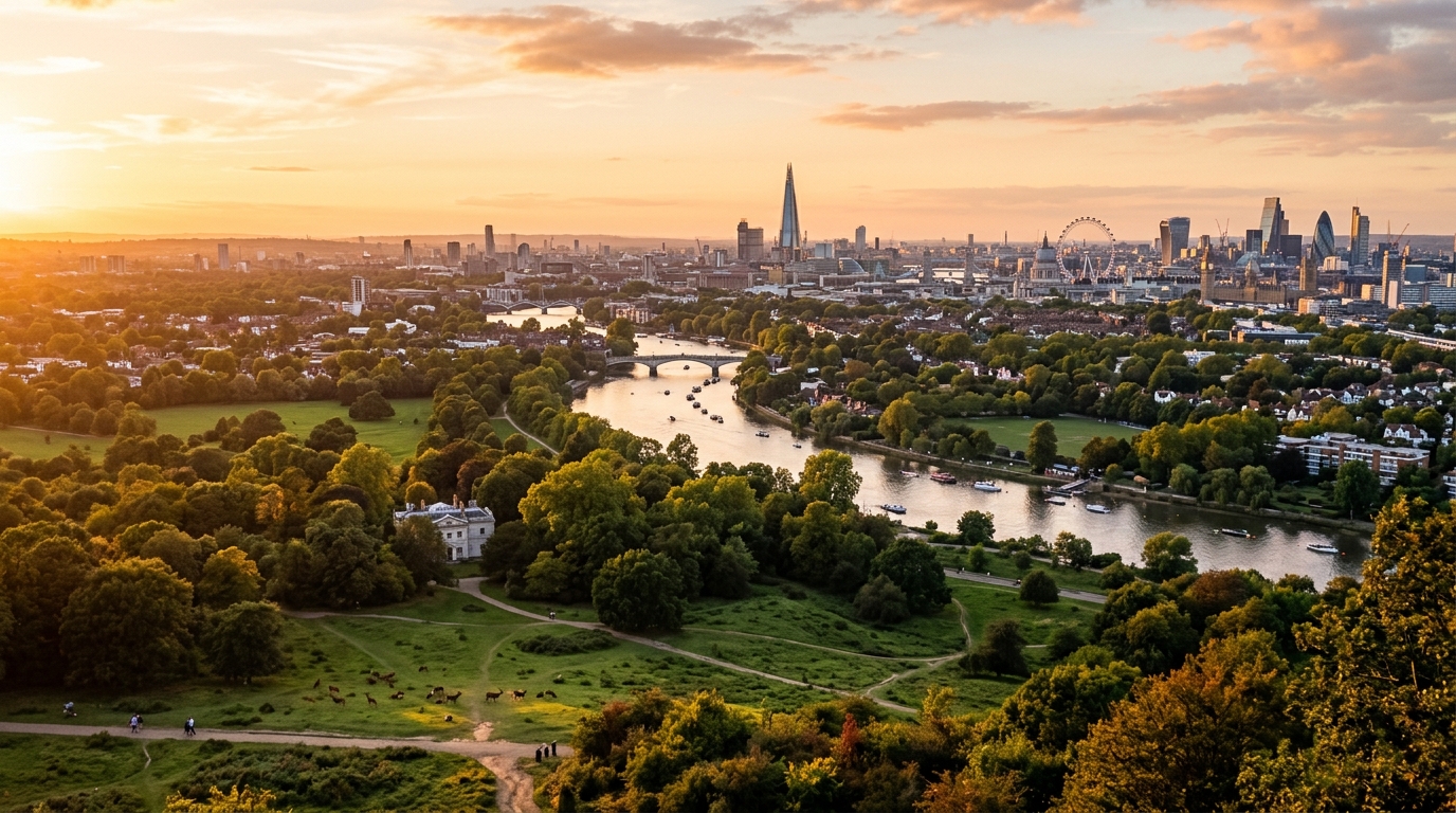 South-west London panoramic view, River Thames winding through the city, Richmond Park green spaces in foreground, London skyline with iconic landmarks in the distance, golden hour lighting