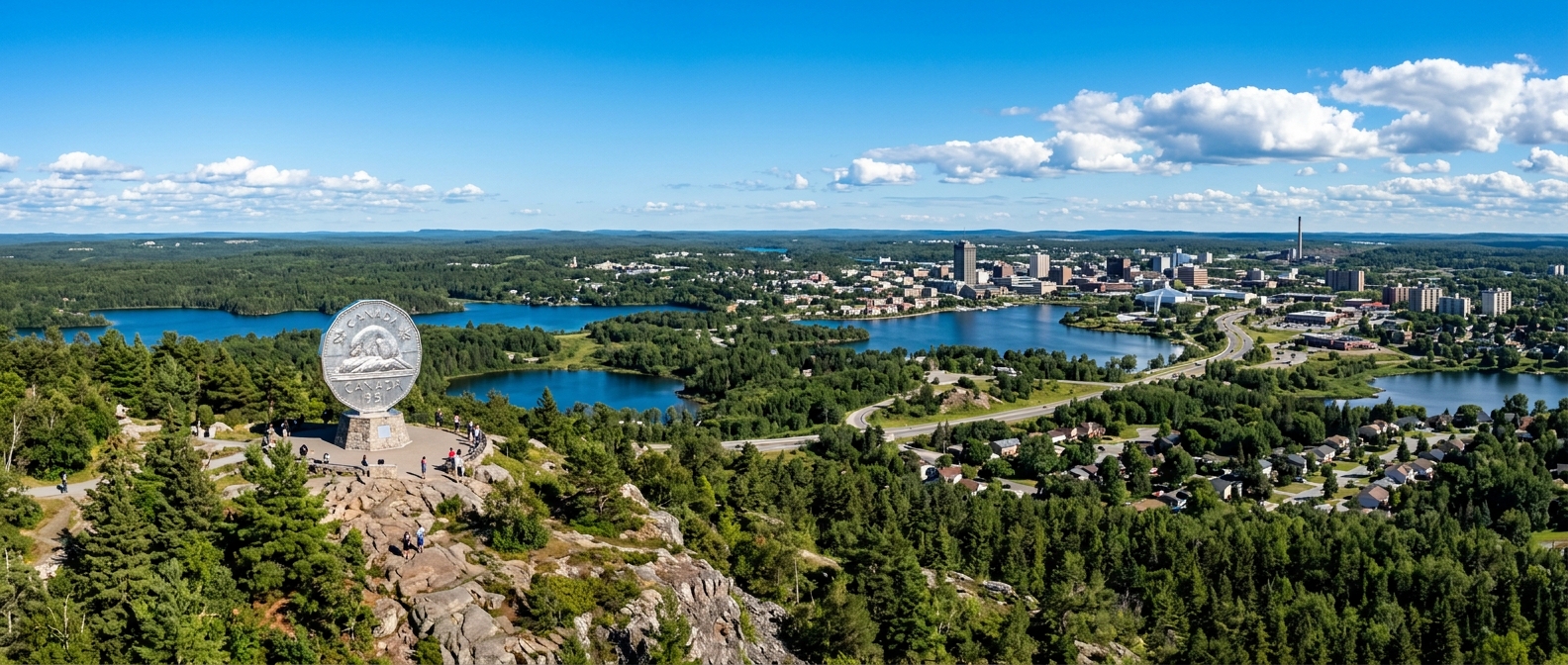 Panoramic view of Greater Sudbury, Ontario, featuring urban skyline, surrounding boreal forest, lakes, and the iconic Big Nickel landmark under a blue sky