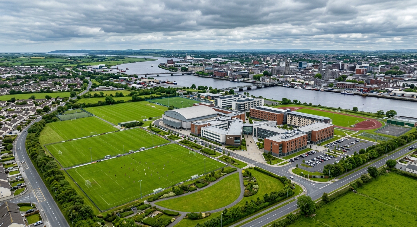 Aerial view of TUS Moylish campus in Limerick Ireland, modern university buildings surrounded by green sports pitches, River Shannon visible in background, overcast Irish sky