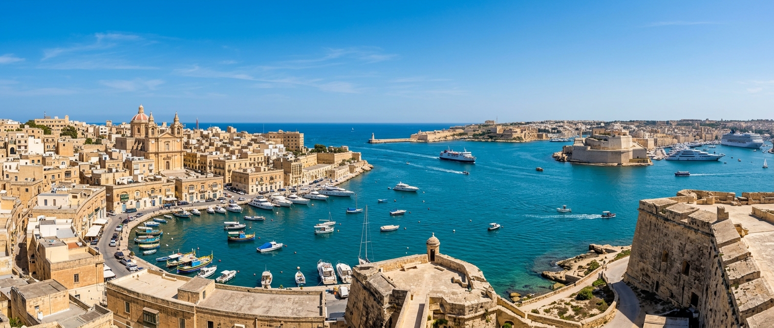 Panoramic view of Kalkara and the Grand Harbour in Malta, historic fortifications, turquoise Mediterranean Sea, traditional Maltese limestone buildings, and boats in the harbour under clear blue sky