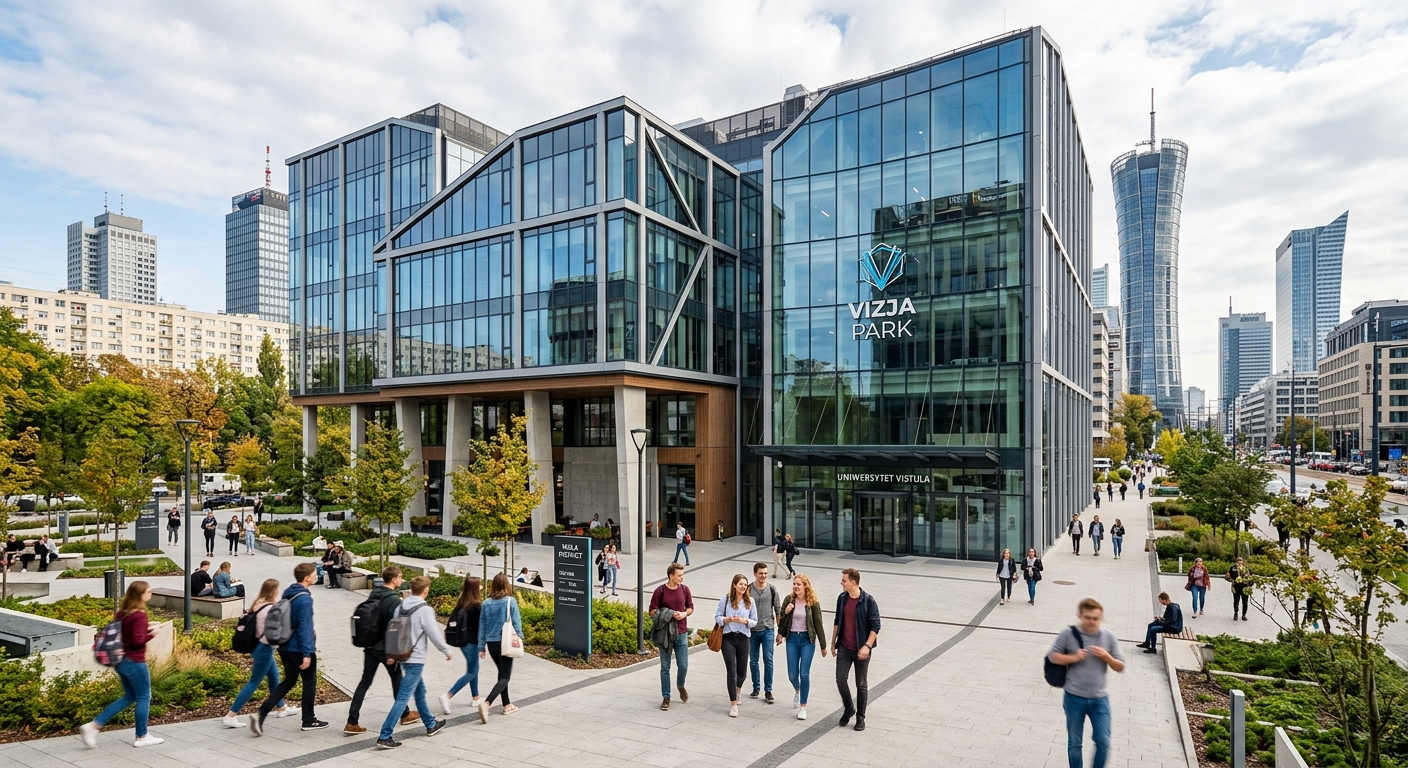 Modern Vizja Park campus building in Warsaw Poland with glass facade, students walking through courtyard, contemporary architecture surrounded by urban landscape in the Wola district