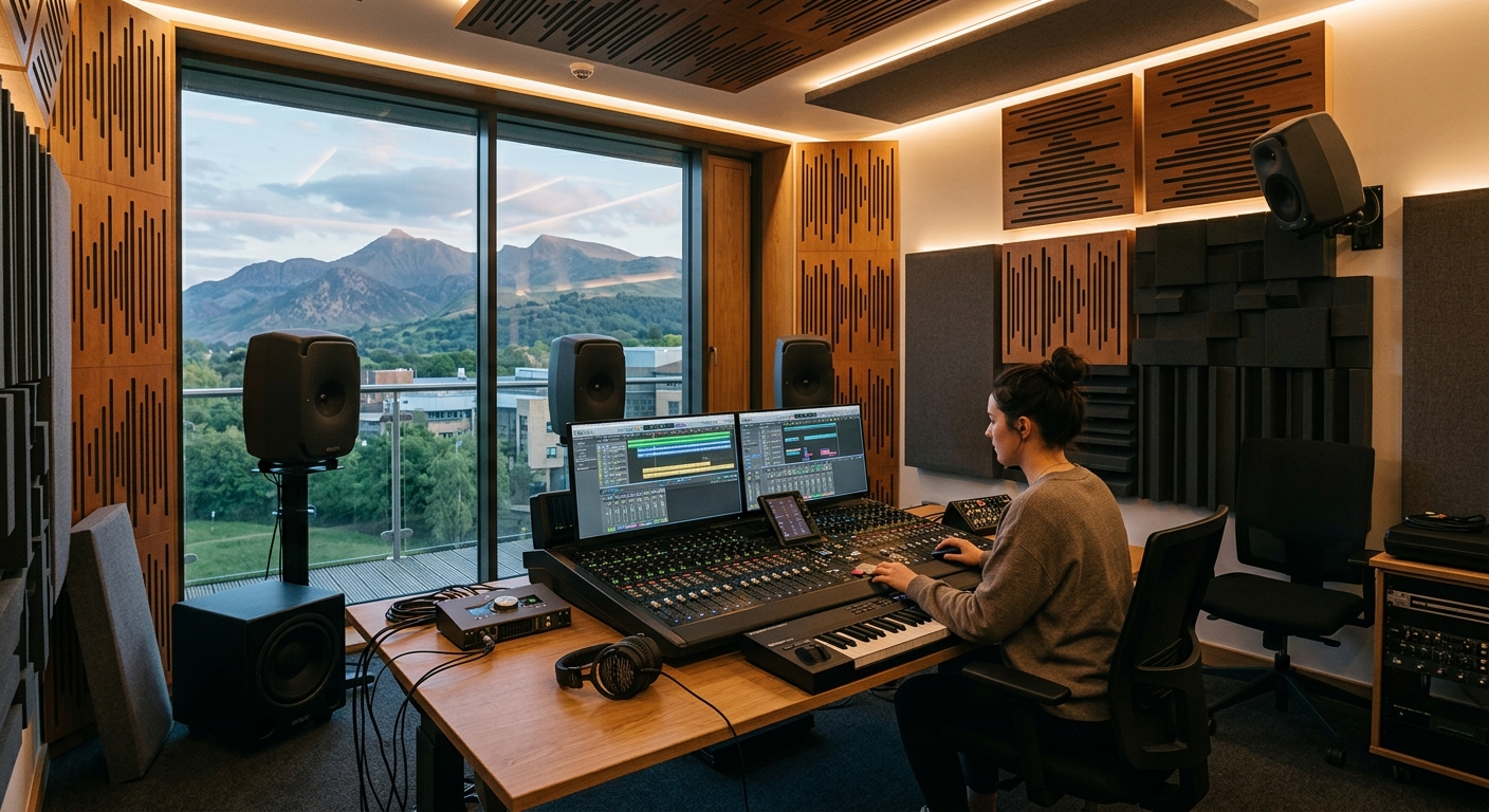 Modern music composition studio at Bangor University with surround-sound speakers, digital audio workstations, mixing console, and acoustic treatment panels, warm ambient lighting, mountains visible through window