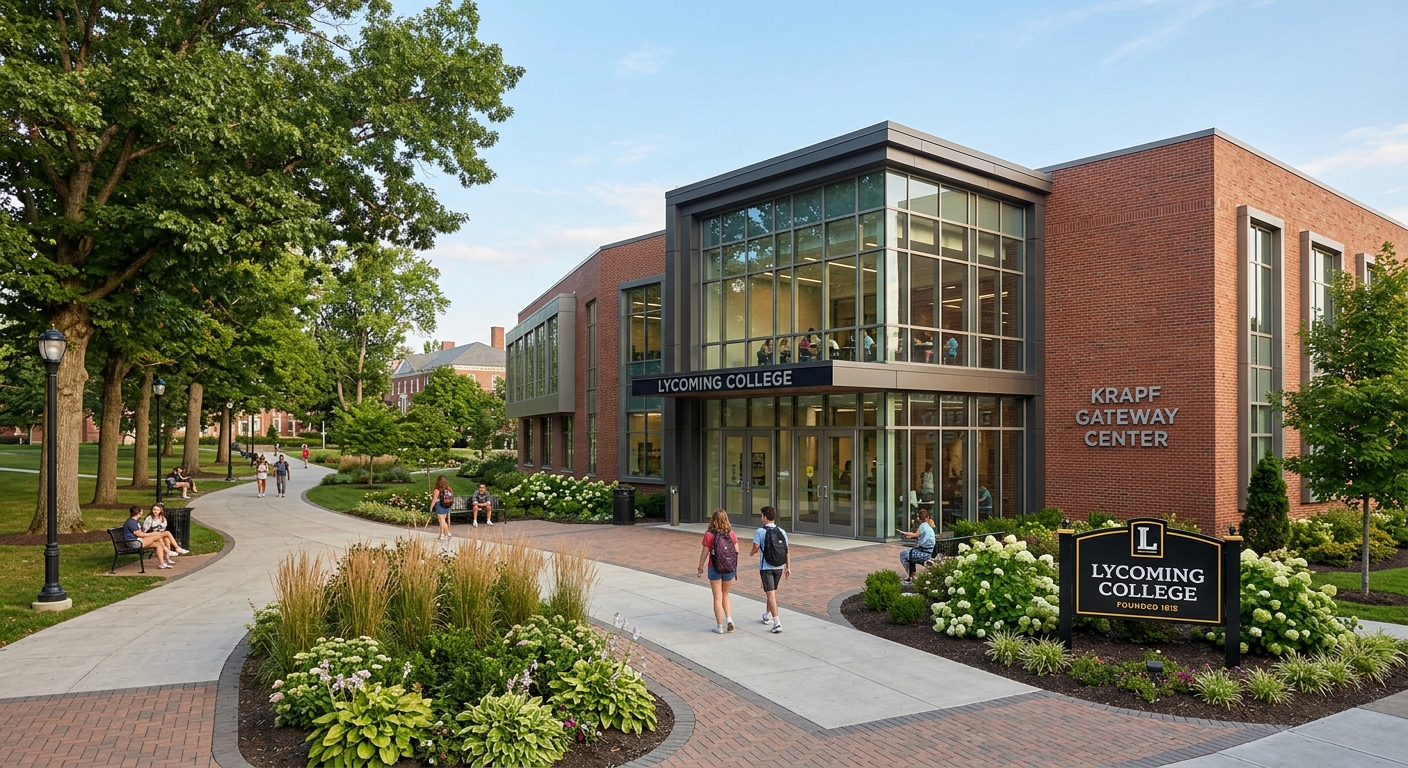 Krapf Gateway Center at Lycoming College, contemporary brick building with glass facade serving as campus entrance, landscaped walkway with trees