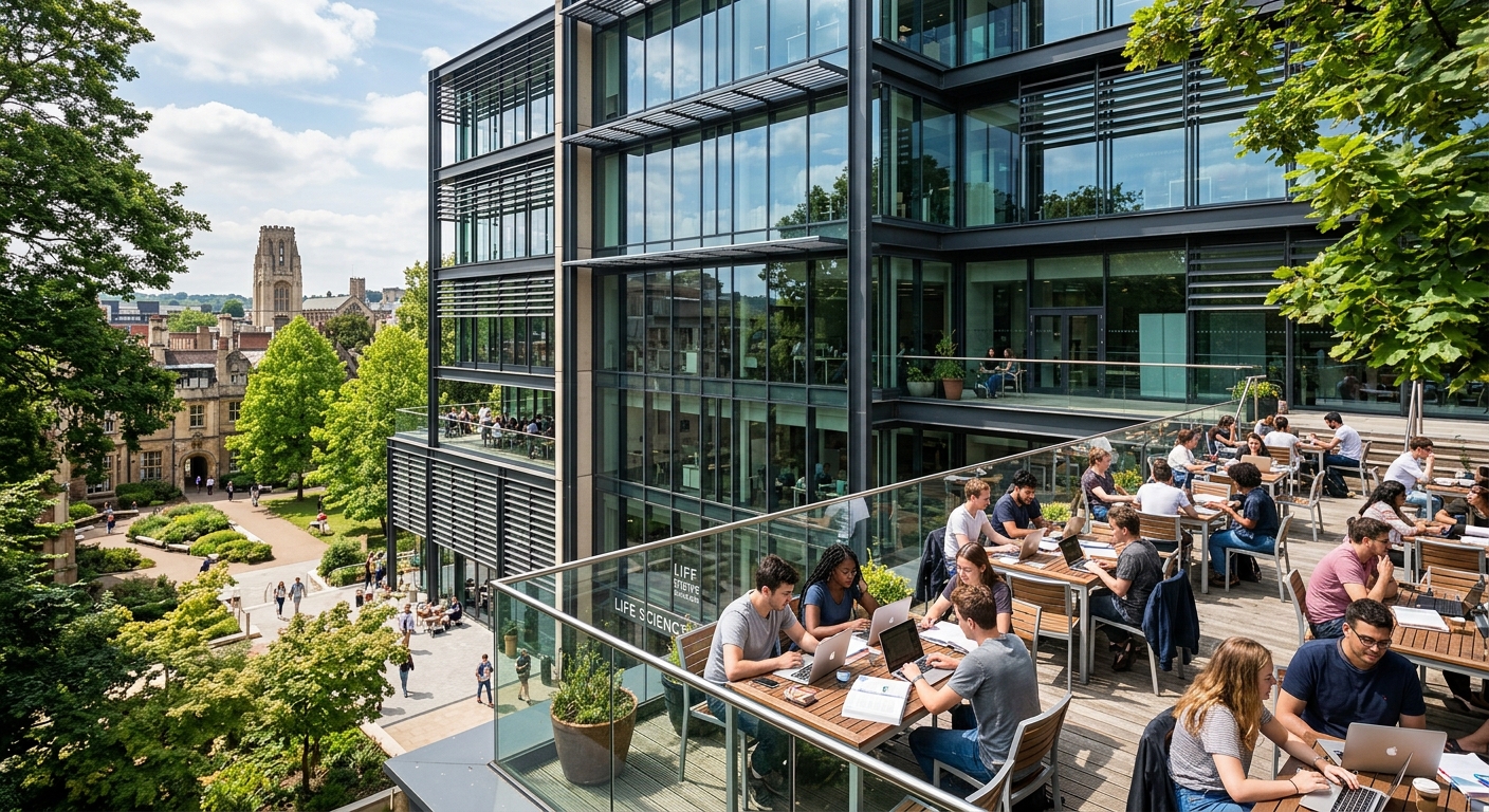 Modern glass and steel building of the University of Bristol Life Sciences Building with students studying on outdoor terraces, contemporary architecture surrounded by mature trees