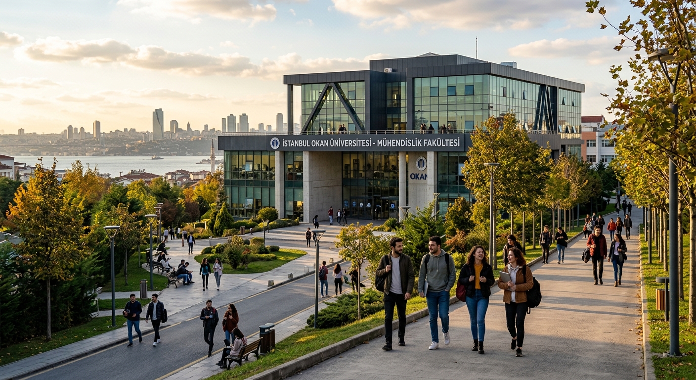 Modern Istanbul Okan University campus in Tuzla district, engineering building with glass facade, students walking on tree-lined pathways, Istanbul skyline visible in background, warm afternoon light