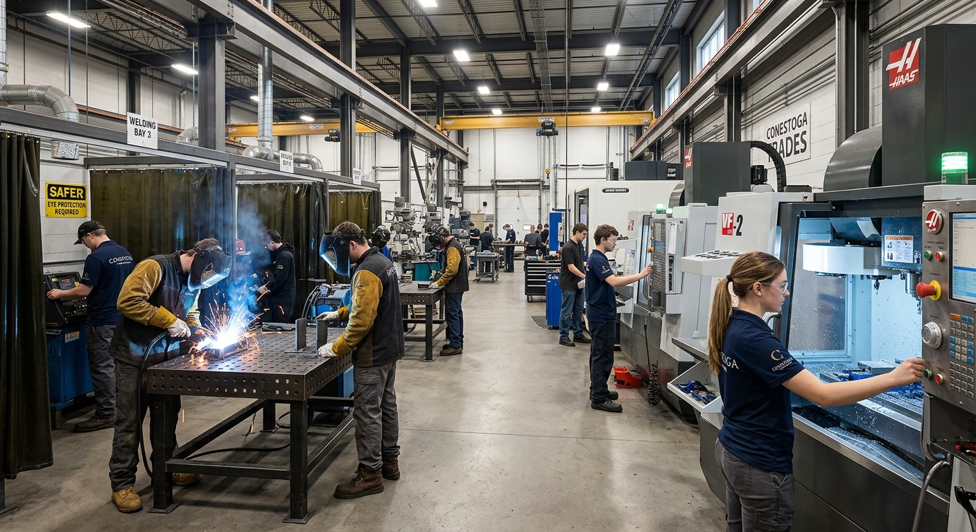 Conestoga College skilled trades workshop with students operating CNC machines and welding equipment in a spacious industrial training facility