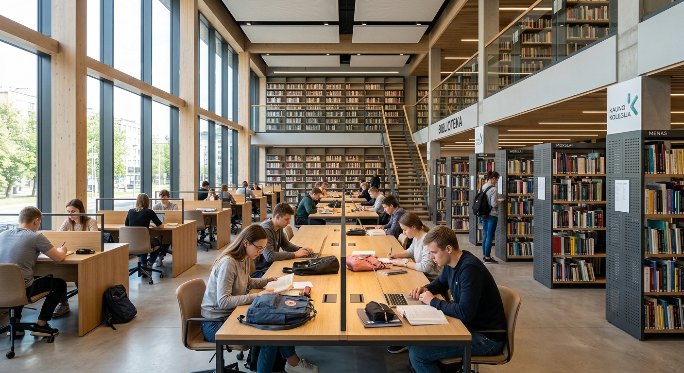 Kauno Kolegija library interior with bookshelves, study desks, students reading, bright natural lighting, modern design