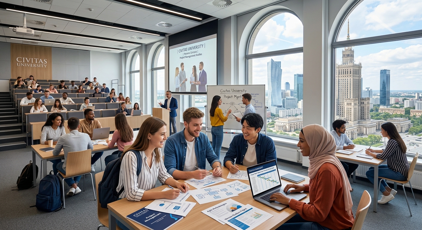 Civitas University campus inside the iconic Palace of Culture and Science in Warsaw Poland, modern lecture hall with international students collaborating on project management case studies, large windows overlooking the Warsaw skyline