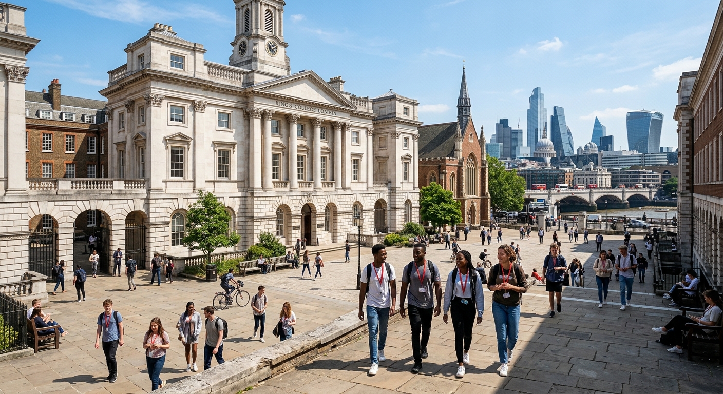 Modern King's College London Strand campus building with classical architecture, students walking through courtyard, London cityscape in background, bright daylight