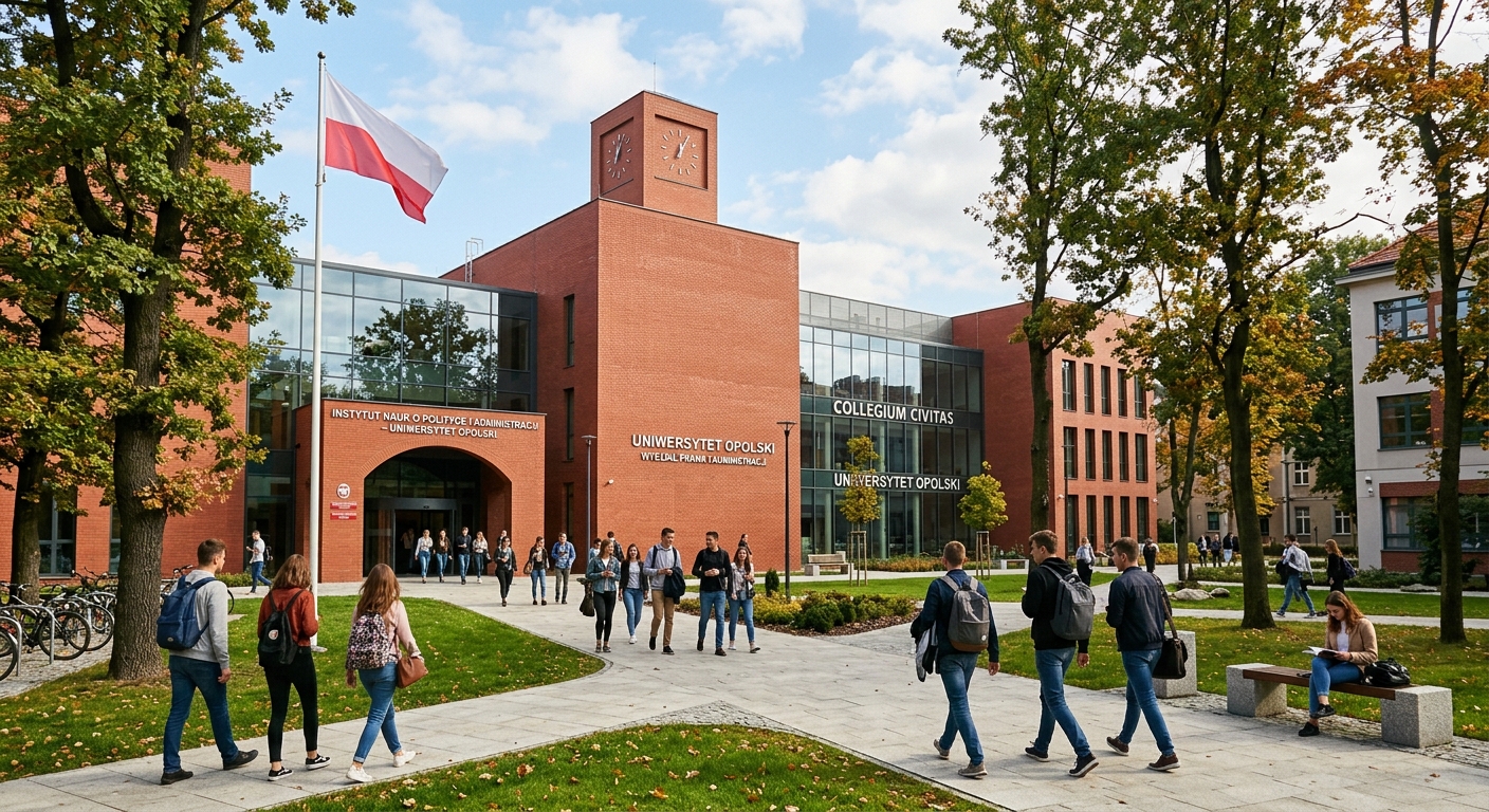 Modern university campus building in Opole, Poland, with students walking through a tree-lined courtyard, red brick architecture, European academic setting with Polish flag visible