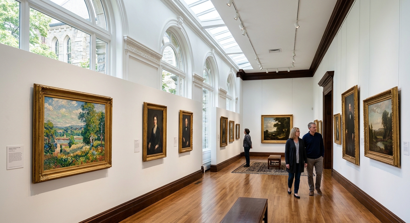 Maier Museum of Art at Randolph College, elegant gallery interior with American paintings displayed on white walls, natural lighting
