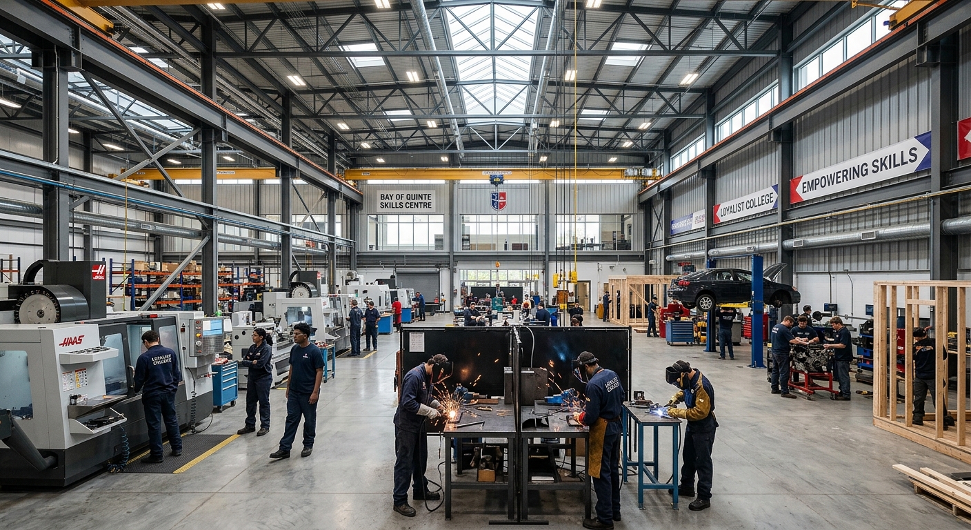 Bay of Quinte Skills Centre at Loyalist College, large modern industrial training facility with high ceilings, students working with equipment in workshops