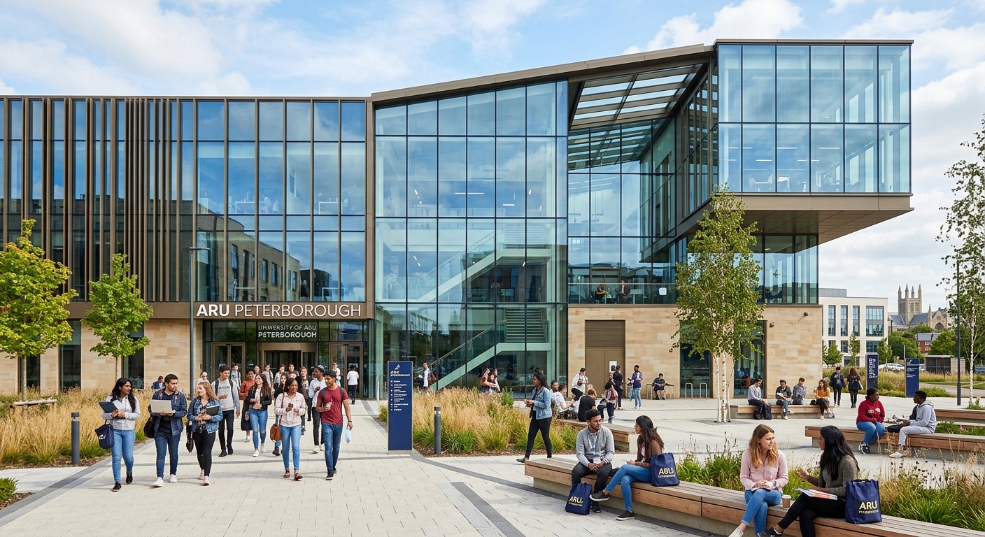 ARU Peterborough campus brand new modern university building, glass facade, open plaza with students, contemporary educational architecture