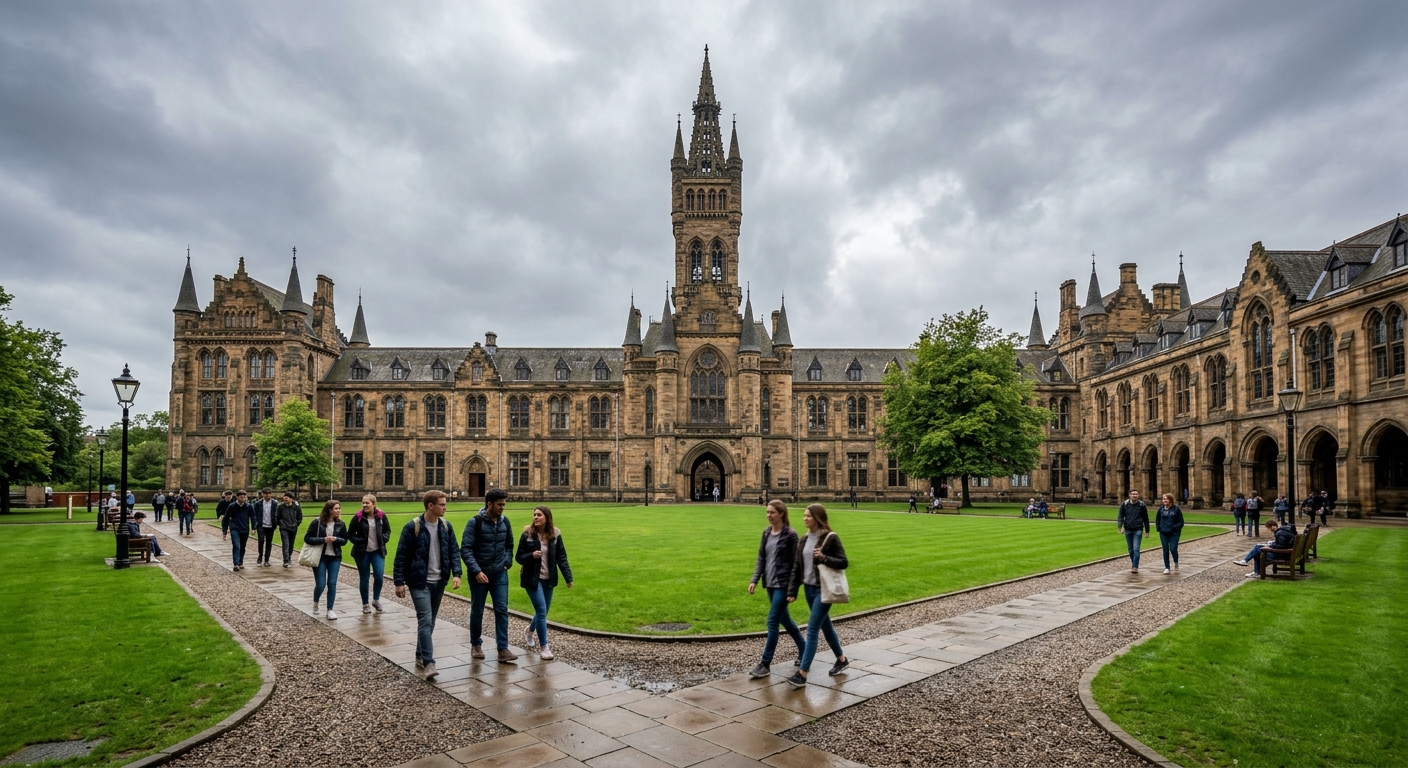 University of Glasgow historic Gothic Revival main building with its iconic tower, green quadrangle lawn in foreground, students walking along pathways, overcast Scottish sky, academic atmosphere