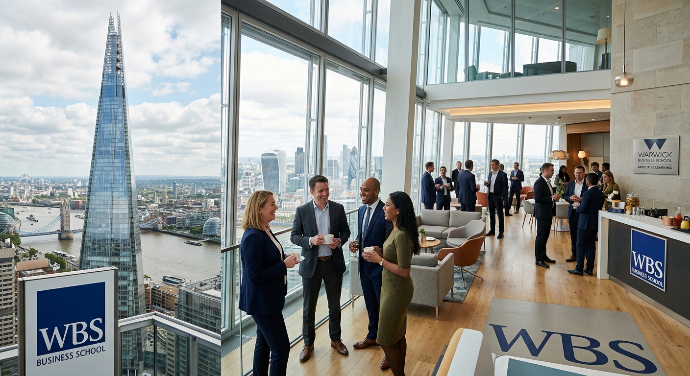 The Shard skyscraper in London with modern glass facade, Warwick Business School executive learning space inside, panoramic city views, professionals in business attire networking in a contemporary lounge area