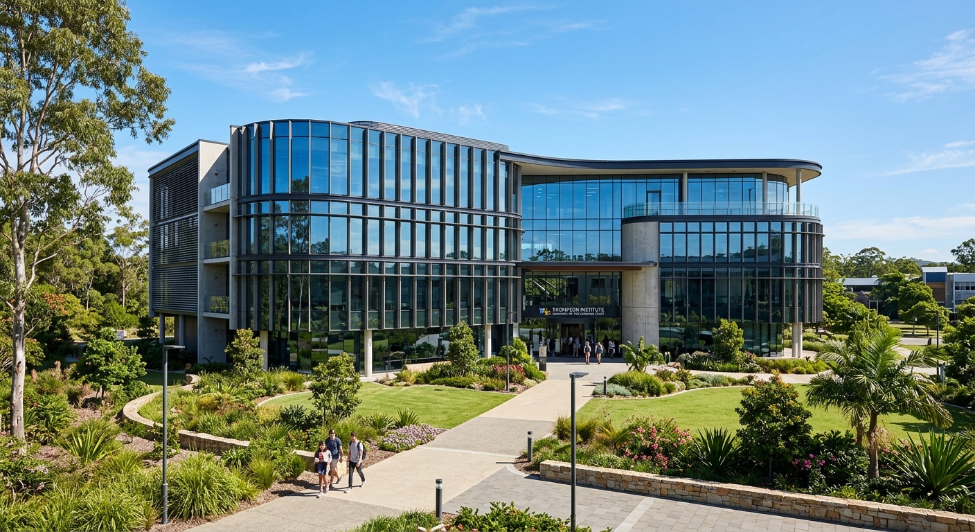 Thompson Institute building at University of the Sunshine Coast, modern research facility with glass facade, landscaped grounds, blue sky