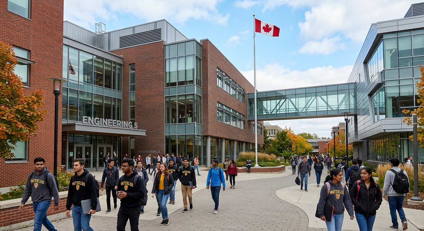 University of Waterloo Engineering buildings complex, red brick and modern architecture, co-op students walking between classes, Canadian flag flying