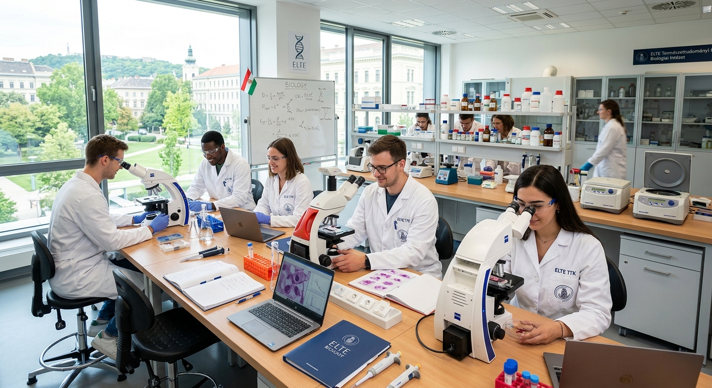 Modern biology laboratory at Eötvös Loránd University Budapest, students in white lab coats examining specimens under microscopes, bright natural light streaming through large windows, advanced research equipment visible