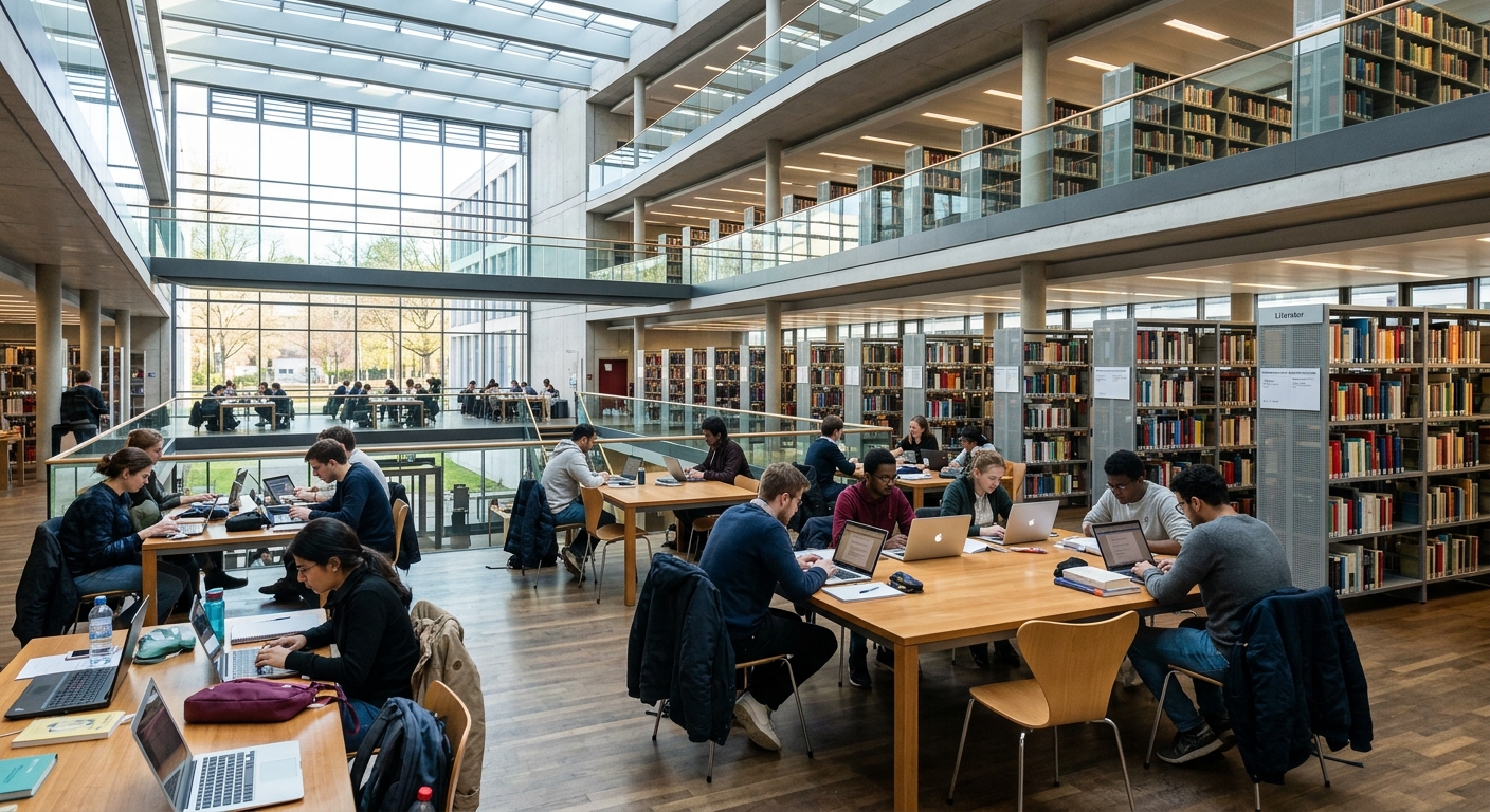 University of Kassel library building interior, modern open study spaces, bookshelves, natural lighting, students studying at desks with laptops