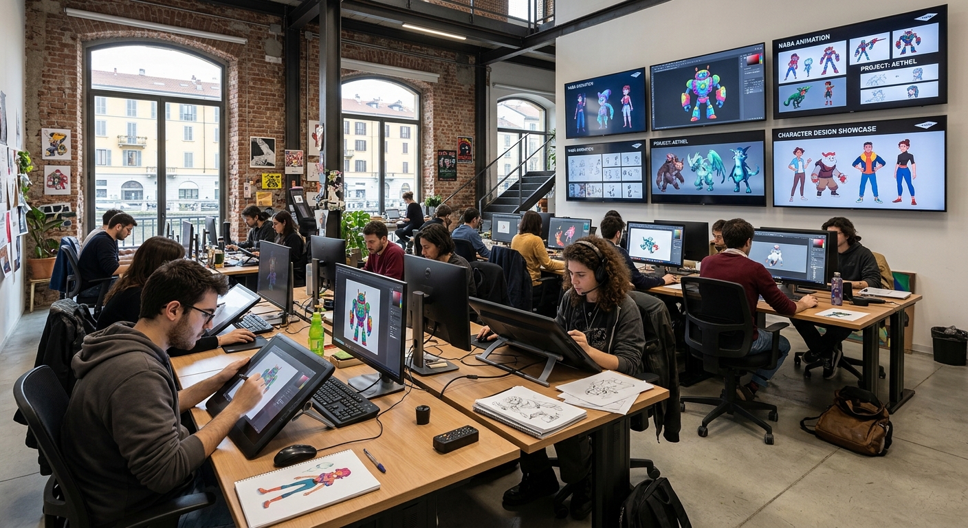 Modern animation studio at NABA Milan campus, students working on digital tablets and drawing stations, colorful character designs displayed on large screens, creative open-plan workspace with natural light and exposed brick walls in the Navigli district