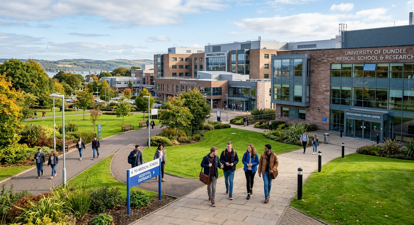 University of Dundee Ninewells Hospital and Medical School exterior with modern medical research facilities, green campus grounds, and students walking along pathways in Dundee, Scotland