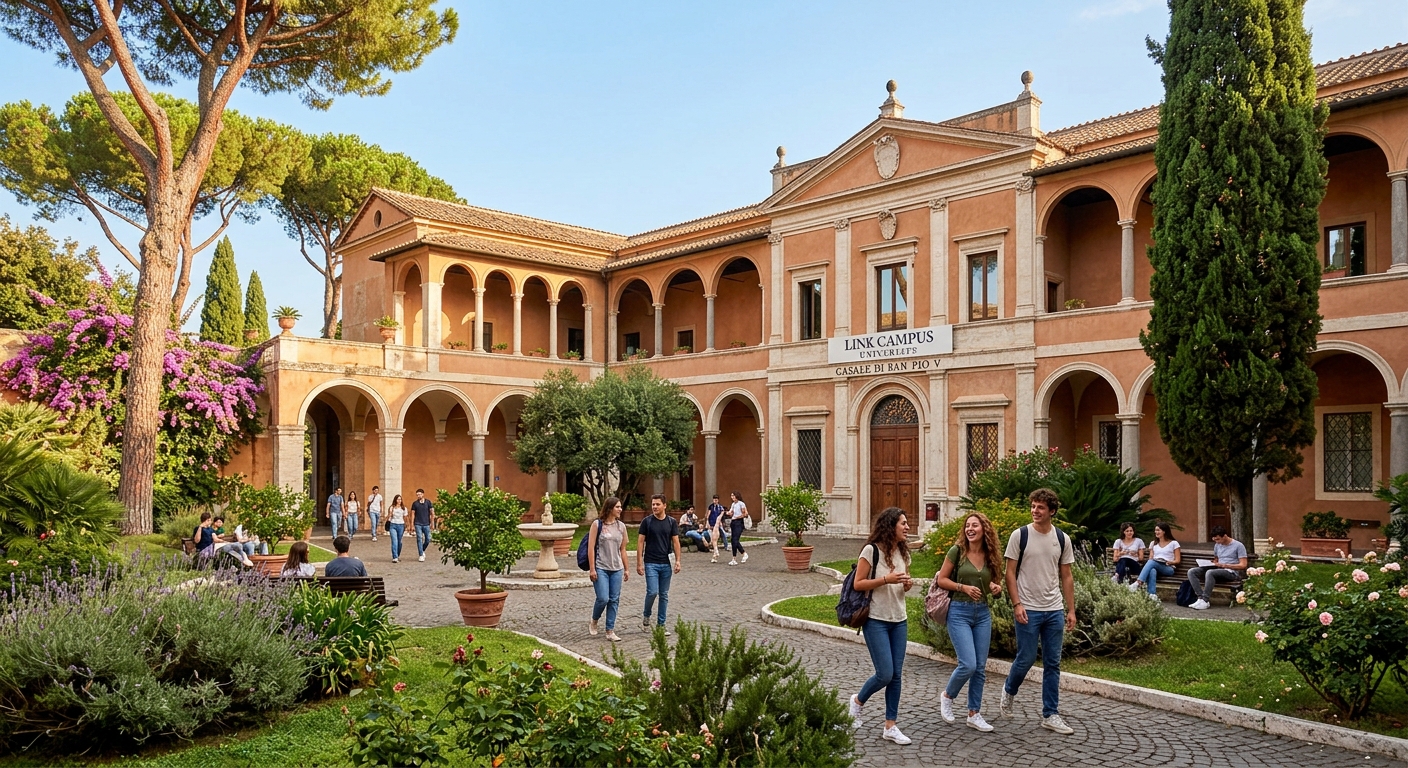 Historic Casale di San Pio V building housing Link Campus University in Rome, surrounded by lush Mediterranean greenery, students walking through elegant Renaissance courtyard, warm Italian sunlight