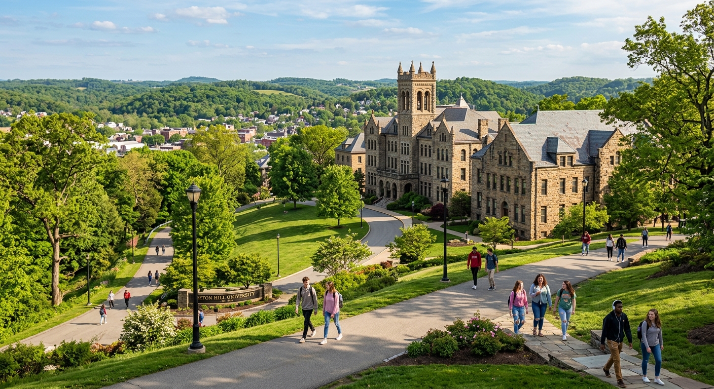 Seton Hill University hilltop campus in Greensburg Pennsylvania with historic stone buildings surrounded by 200 acres of wooded landscape, students walking along tree-lined pathways on a sunny day