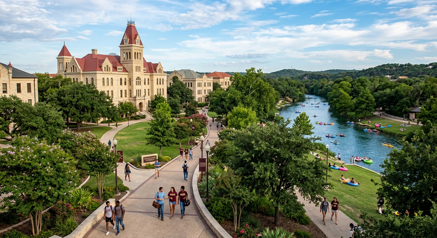 Texas State University campus in San Marcos with limestone buildings, green lawns, and the San Marcos River visible in the background, students walking along tree-lined paths under a bright Texas sky