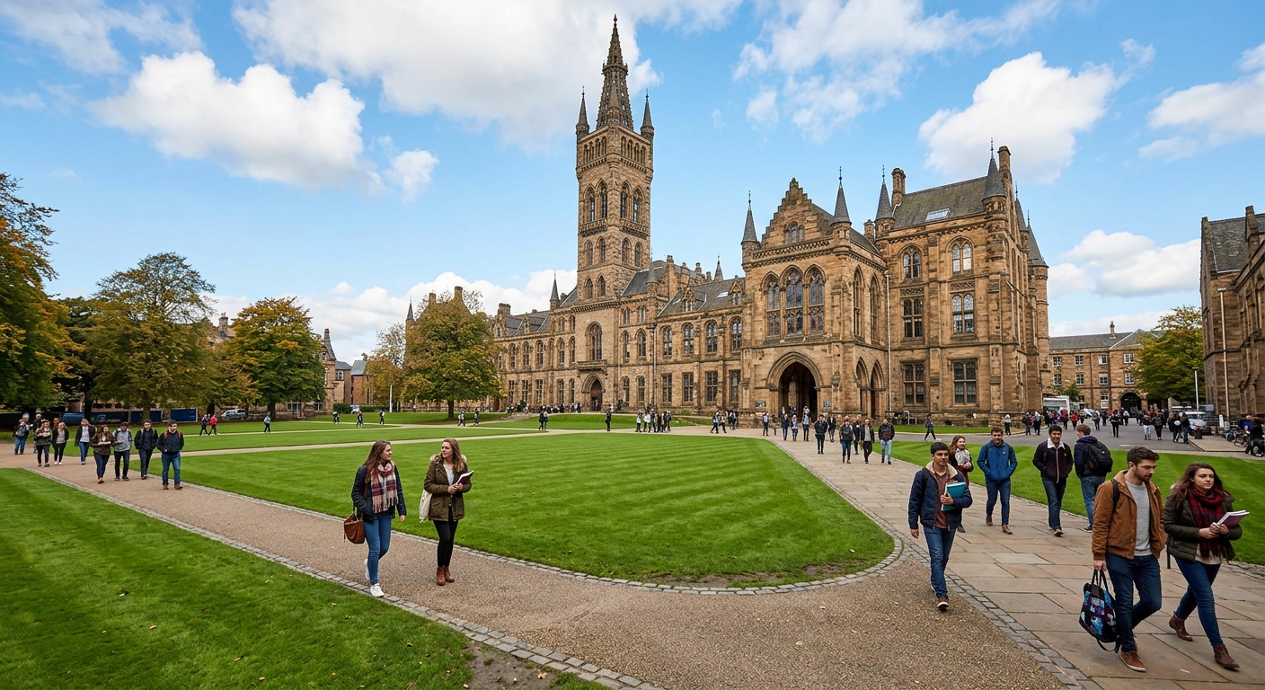 University of Glasgow historic Gothic main building with its iconic tower and spire, green quadrangle lawn in foreground, students walking along pathways, blue sky with scattered clouds, Glasgow Scotland