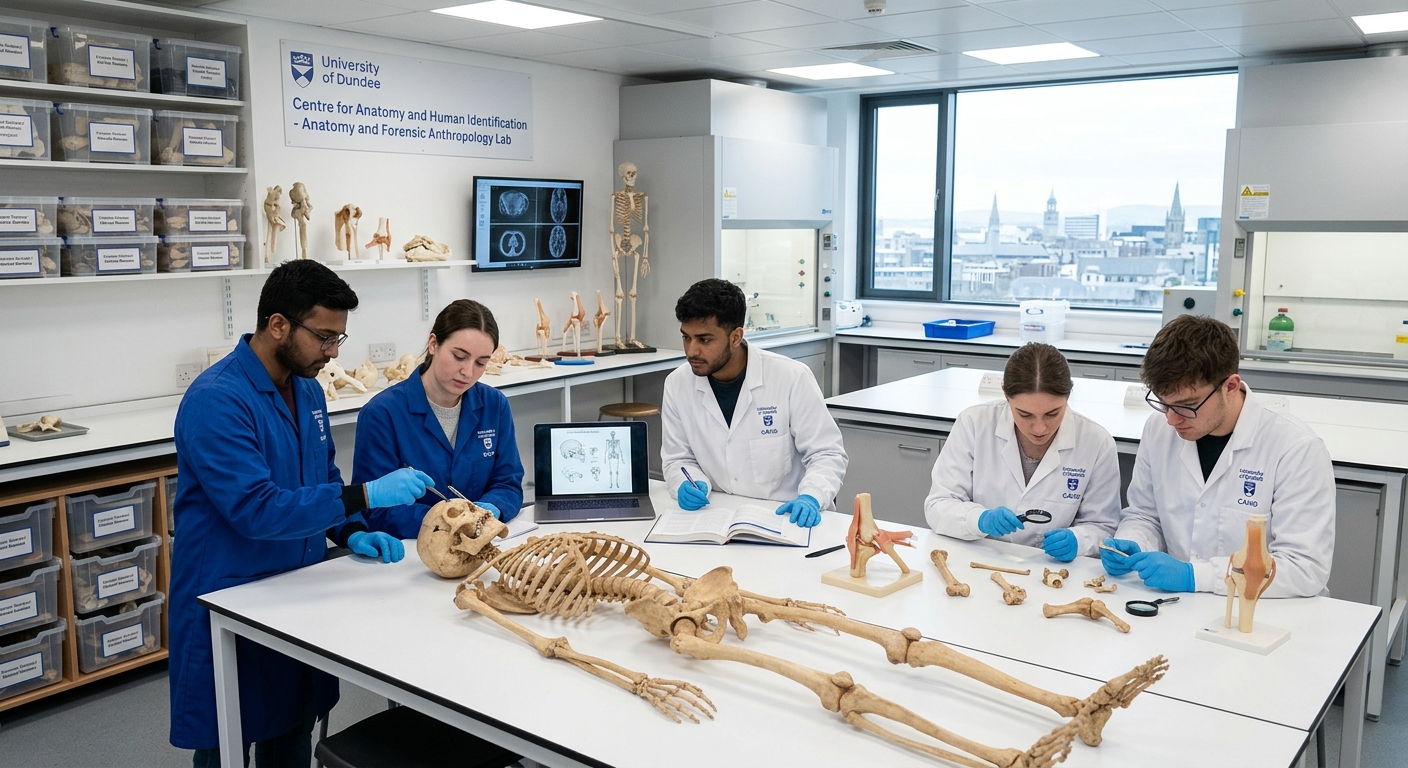 University of Dundee Centre for Anatomy and Human Identification laboratory, students examining skeletal remains and anatomical specimens, modern forensic science facility with bright lighting in Dundee Scotland