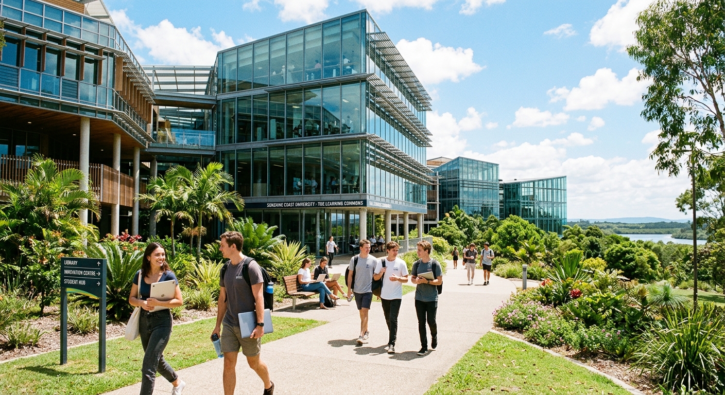 Modern university campus at the Sunshine Coast Australia with contemporary glass buildings surrounded by lush subtropical greenery, students walking along pathways with laptops, bright sunny Queensland sky