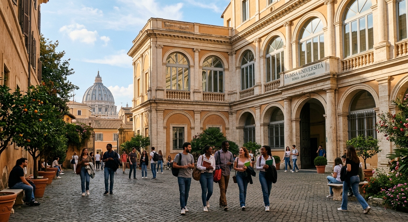 Historic LUMSA University campus building in central Rome near Vatican City, classical Italian architecture with arched windows, students walking through courtyard, warm Mediterranean sunlight